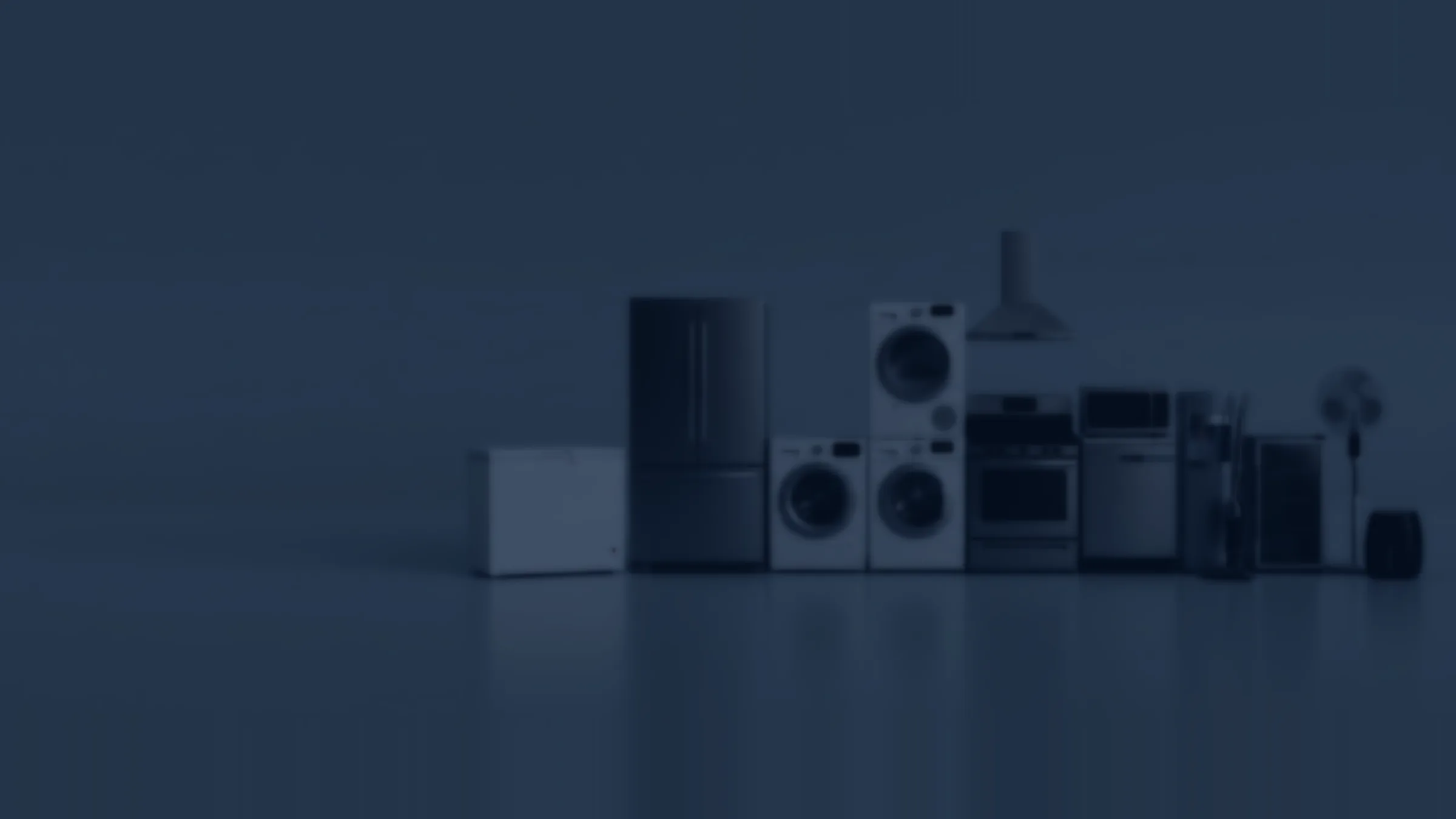 Softly blurred studio lineup of the appliances ACH carries - freezer, fridge, laundry, cooker and more - authorized dealer for the world's leading appliance and TV brands in Guyana