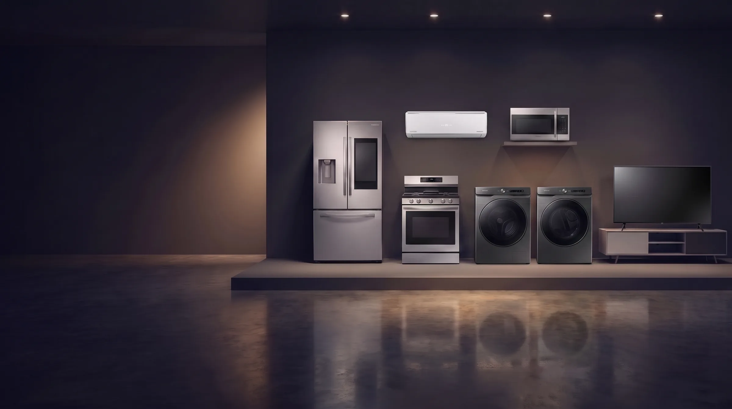 ACH clearance sale - a refrigerator, gas range, matching washer and dryer, air conditioner, television and microwave in a dark showroom