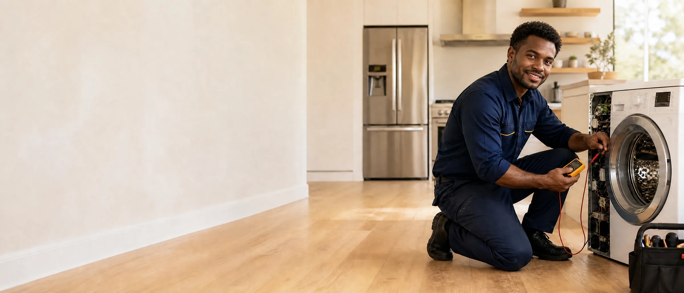 An appliance technician in a navy uniform kneeling beside an open front-load washer, testing it with a multimeter in a bright home