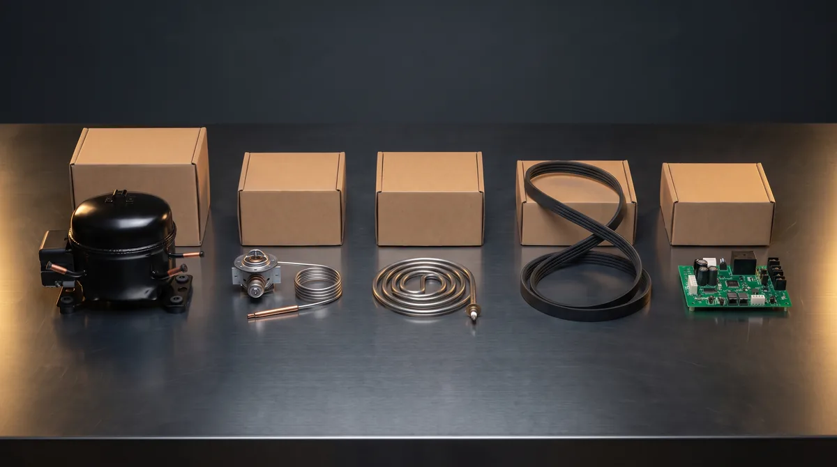 Genuine replacement parts laid out in a row on a service bench - a compressor, a thermostat, a heating element, a drum belt and a control board - beside plain boxes under warm light