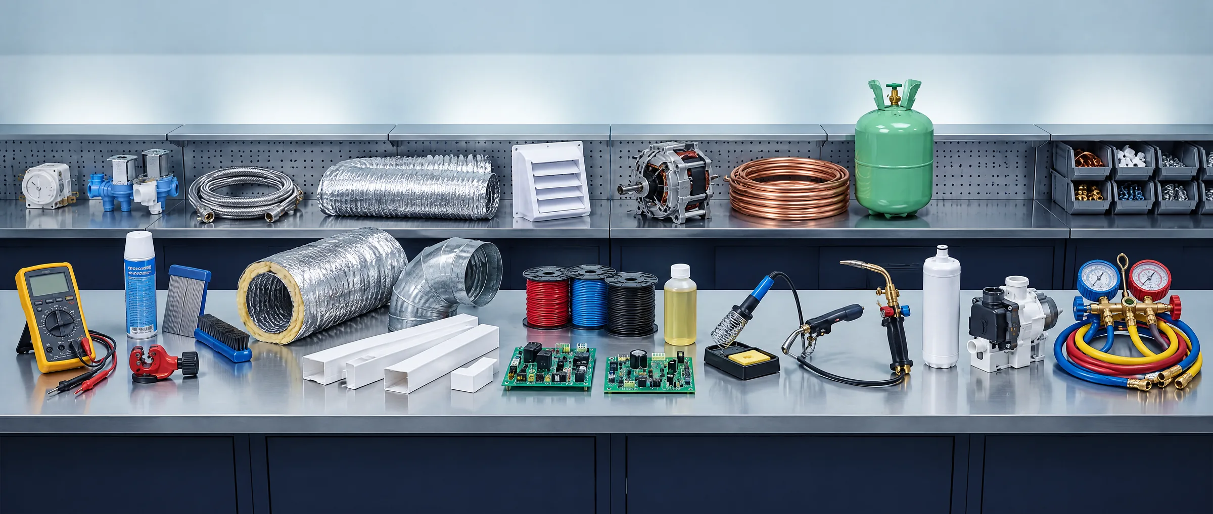 A clean, bright stainless parts counter densely laid out with genuine appliance and air-conditioning spare parts - a multimeter, a tube cutter, AC ducting and trunking, wire spools, control boards, a soldering iron, a water filter, a washer pump and a manifold gauge set - with a washer motor, copper tubing, a tank of refrigerant and more parts on the steel pegboard shelf behind