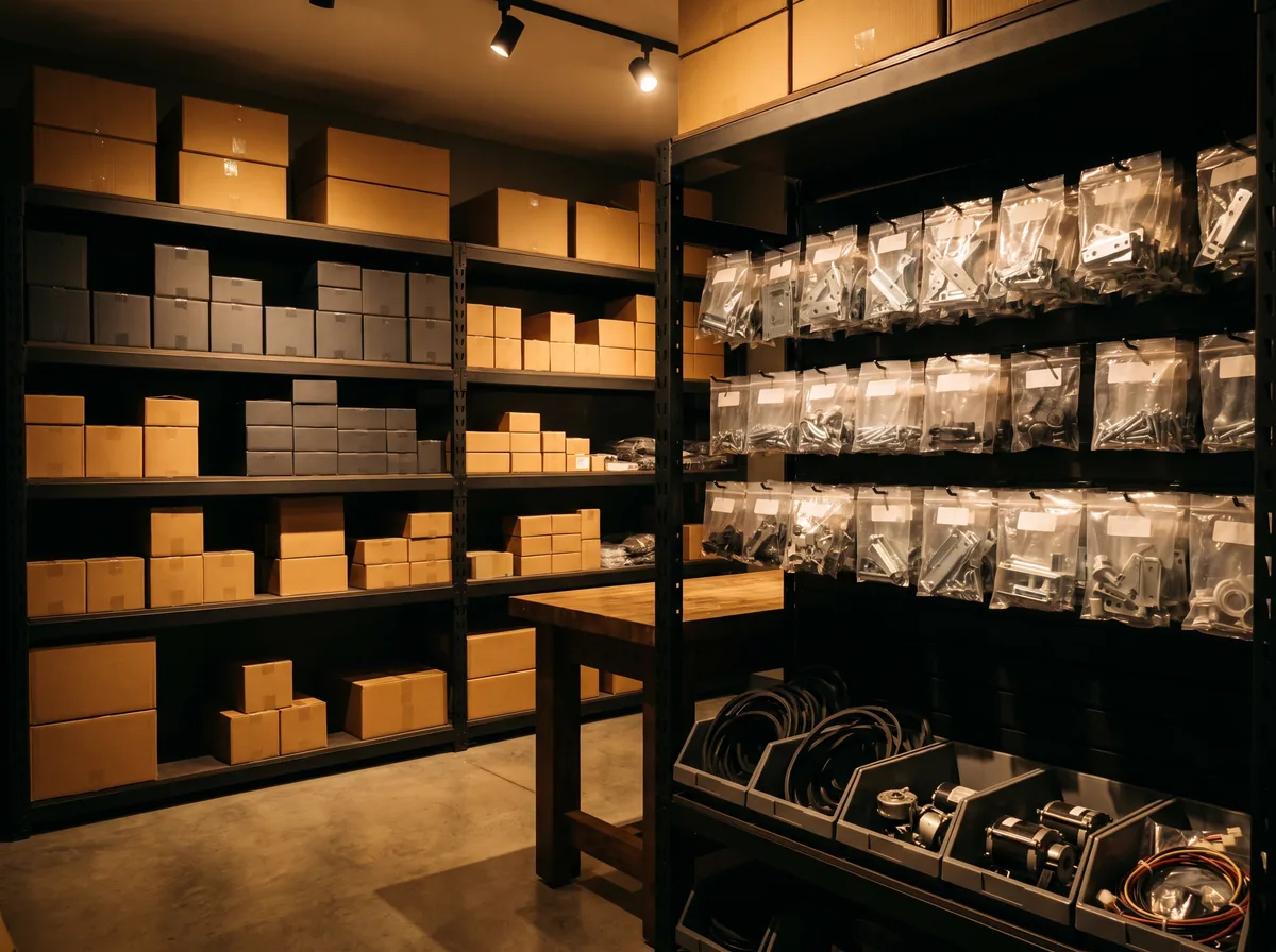 An organised parts stockroom - shelves of boxed spare parts, bagged genuine hardware and bins of drum belts and motors under warm light