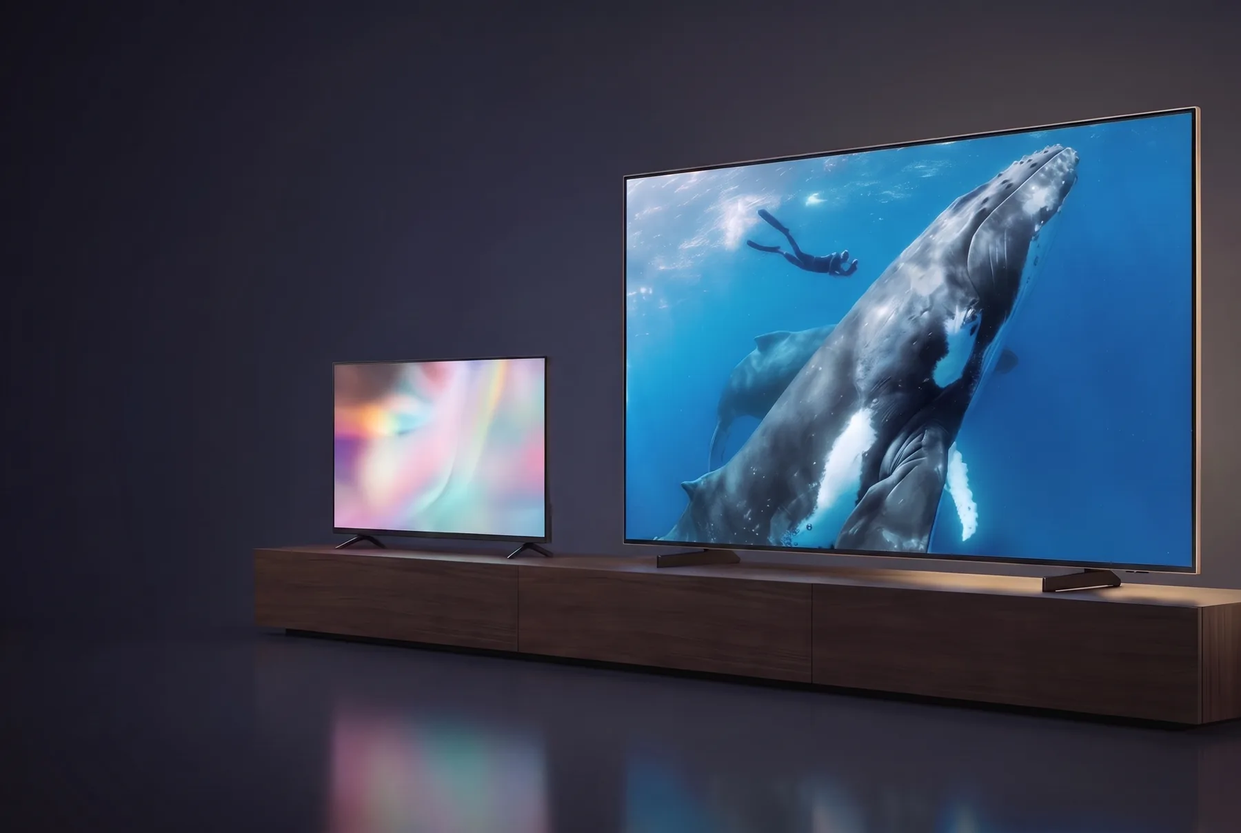 A large television on a console in a dark room